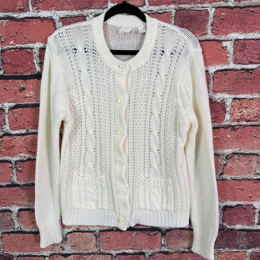 Vintage Cream Cable Knit Button Front Cardigan Sweater w Pockets Lg
